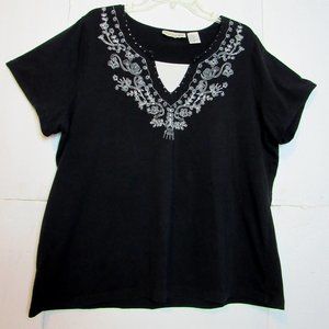 Women Top 2X Embroidery & Sequins Short Sleeve Black W/ White Trim- Requirements